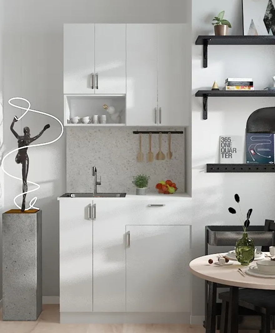 Beyaz Gövde -Ahşap Detaylı Mutfak Dolabı Alt -Üst Modül resmi