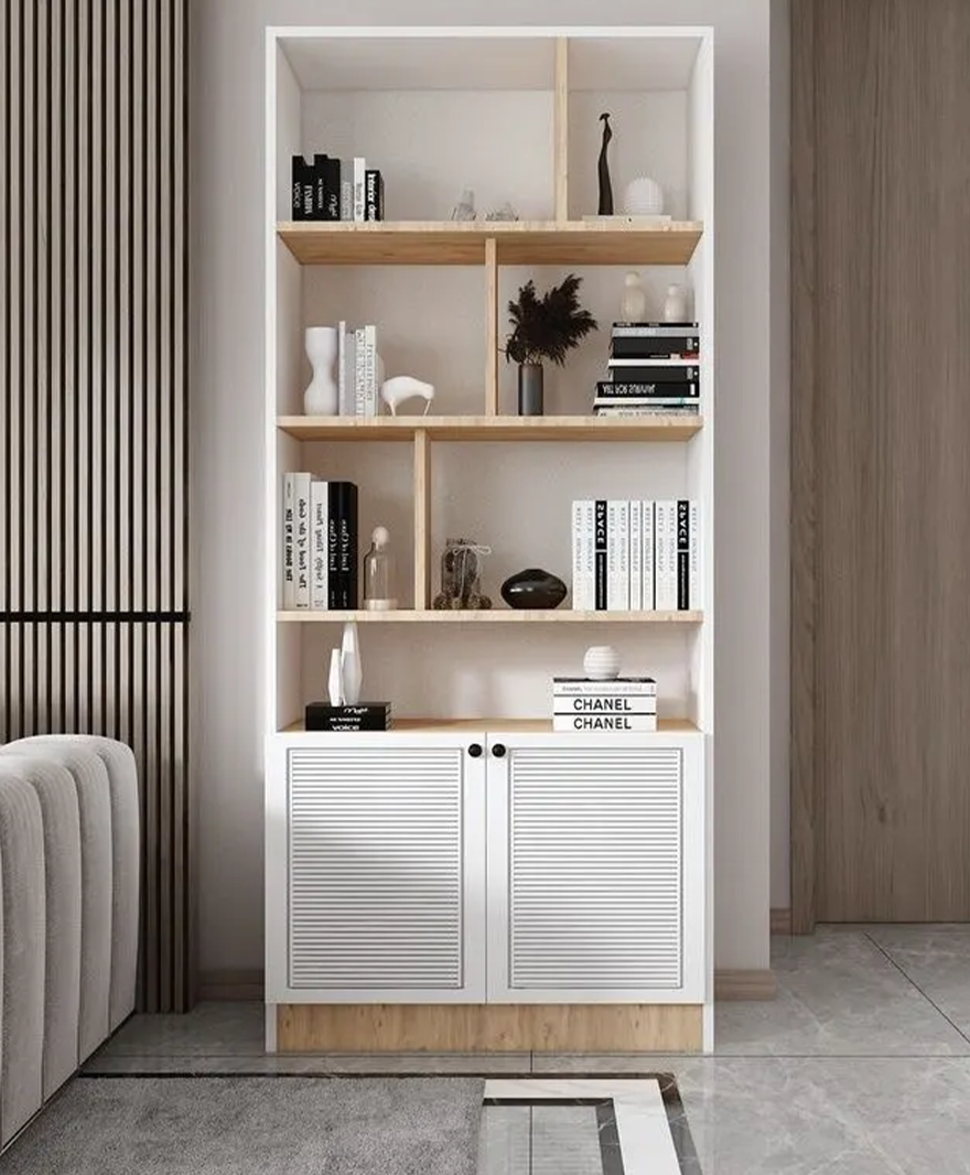 Rüya -Ahşap -Beyaz Kapaklı Raf Detaylı -Bölmeli Kitaplık resmi