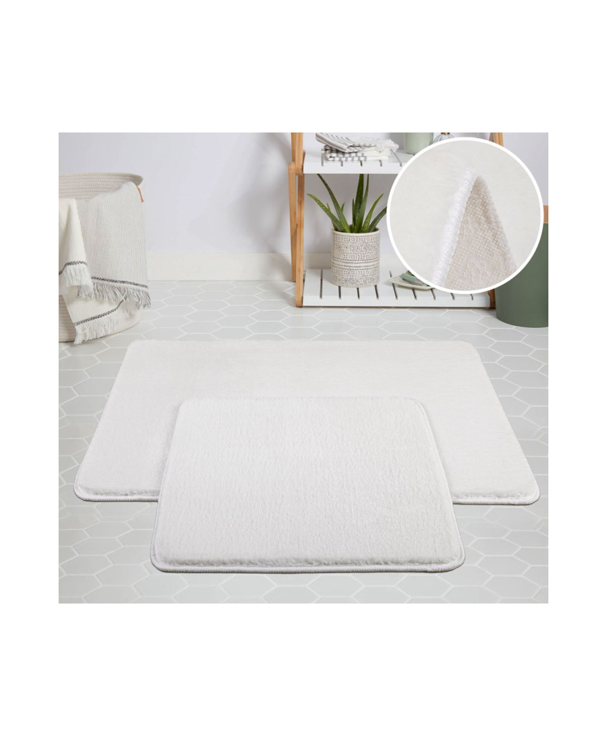 Dekoratif Halı Jel Kaymaz Taban Peluş Beyaz Desen Paspas Takımı 50x80 resmi