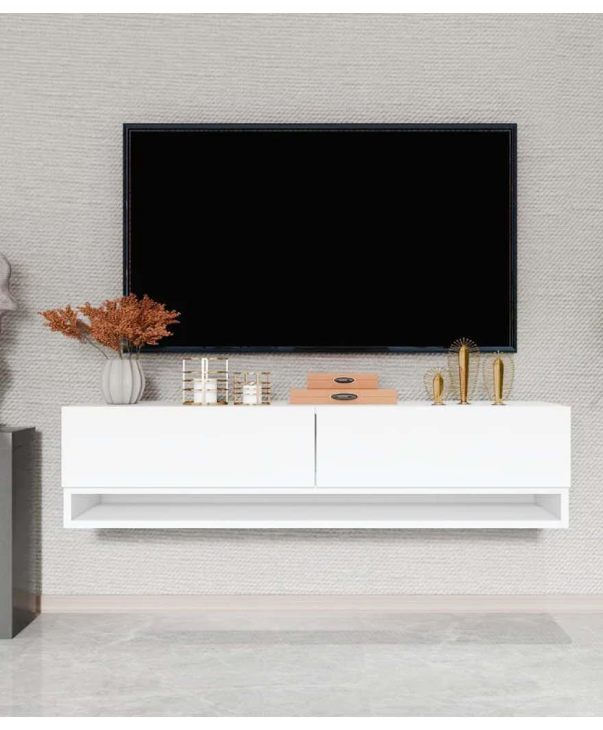 Beyaz Dekoratif Tv Ünitesi -Tv Sehpası Duvara Monte resmi