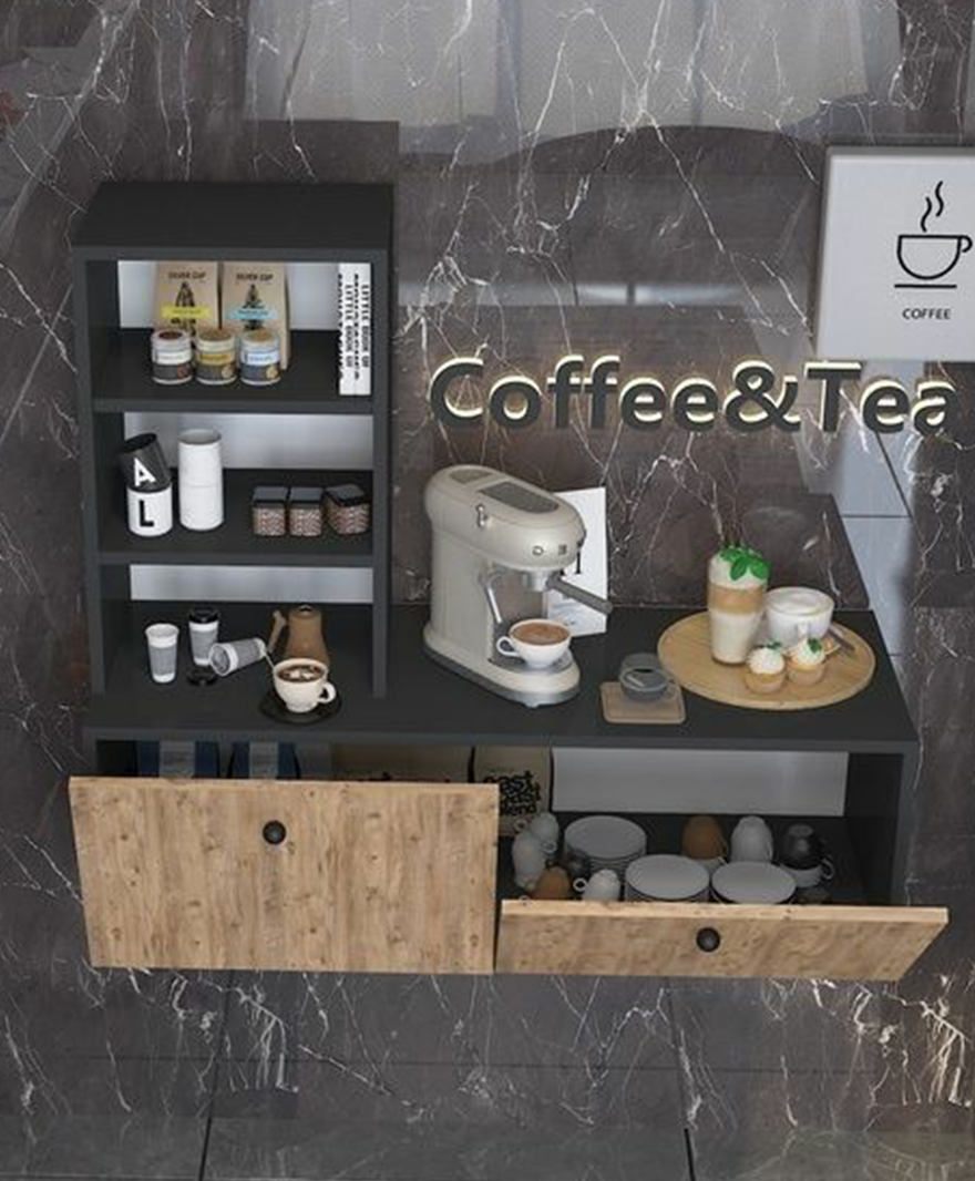 Kahve Köşesi Kapaklı -Raflı Çok Amaçlı Mutfak Dolabı resmi