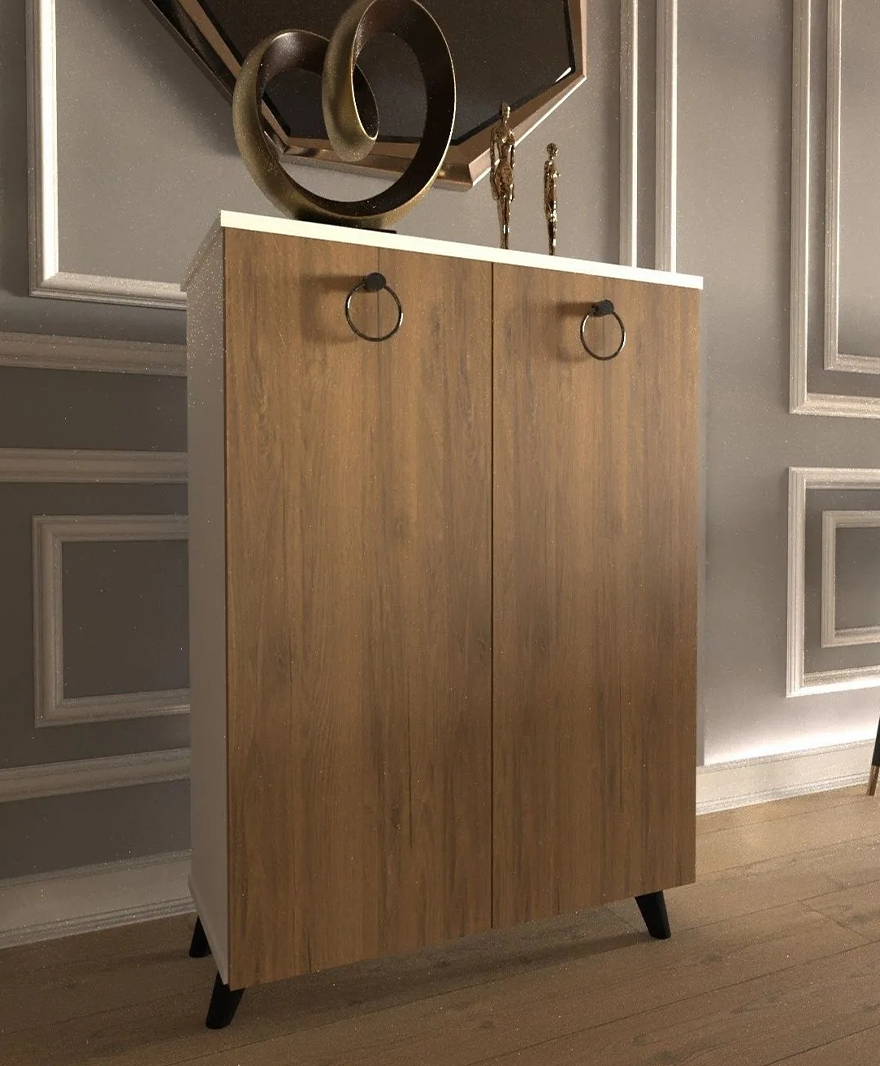 Beyaz Gövde Ahşap Kapak 3 Raflı 2 Kapaklı Ayakkabılık resmi