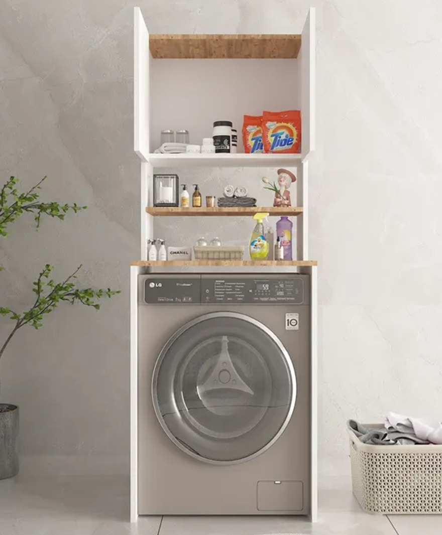 Üst Dolaplı Çok Amaçlı Çamaşır Makinesi Dolabı - Beyaz resmi