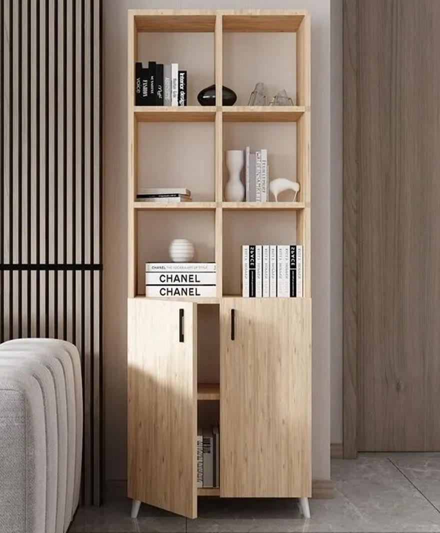 Laris-Ahşap -Ahşap kapaklı raf detaylı kitaplık resmi